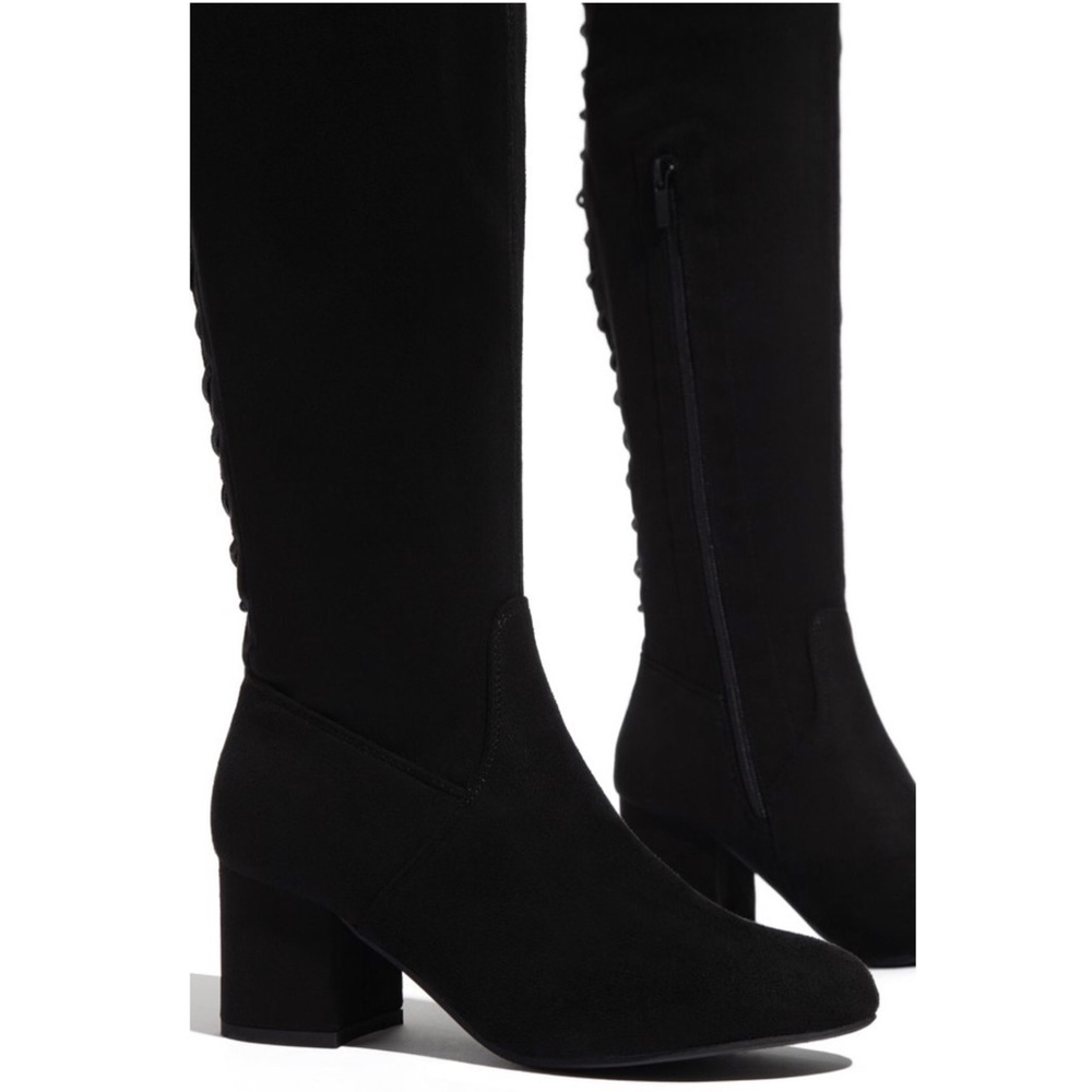 Black Over The Knee Chunky Low Heel Lace Up Boots - Picture 4 of 9